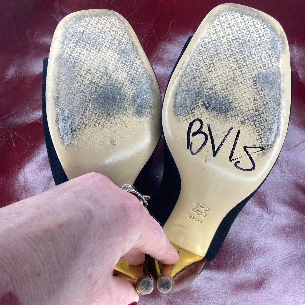 Gold and Black Suede Leather Tori Burch Mule Heels Size 9.5 - Picture 3 of 4